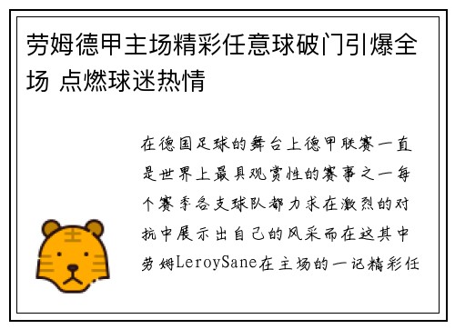 劳姆德甲主场精彩任意球破门引爆全场 点燃球迷热情